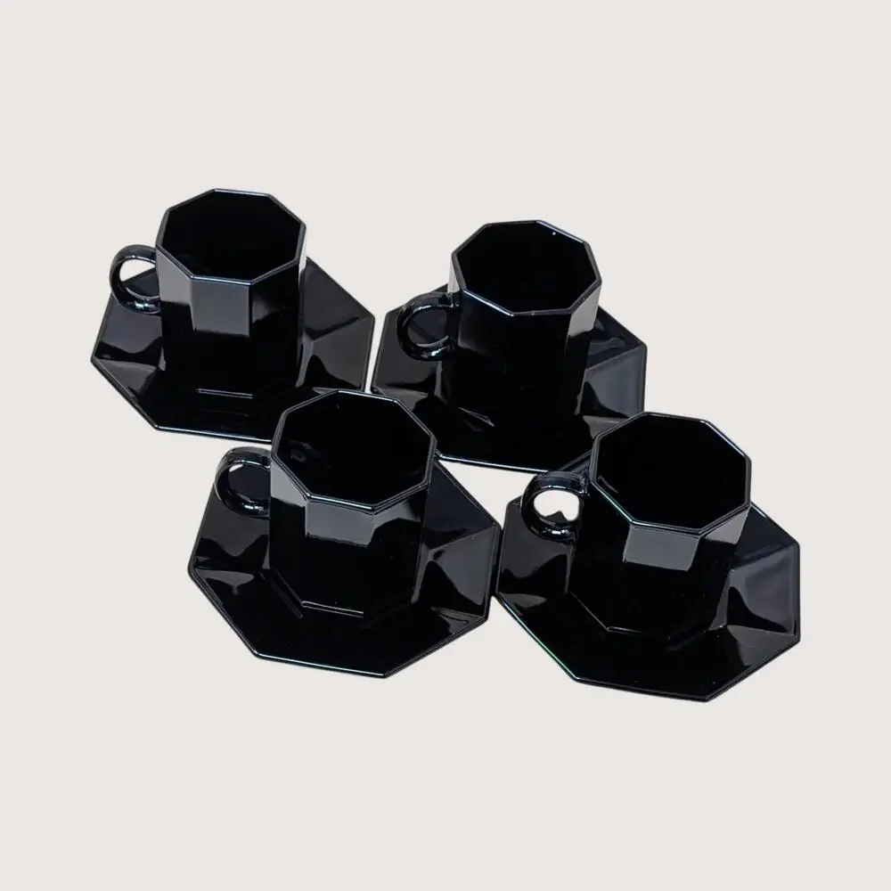 1980s Arcoroc France Octine Black Glass Espresso Cup and Saucer Set of 4